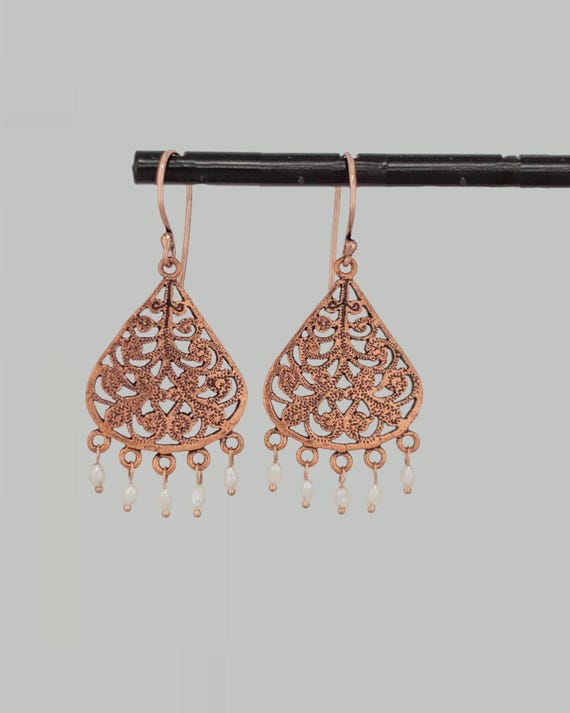 Copper Filigree Earrings: Vintage Style Rose Gold Chandelier Drops, Baroque Pearl Dangles