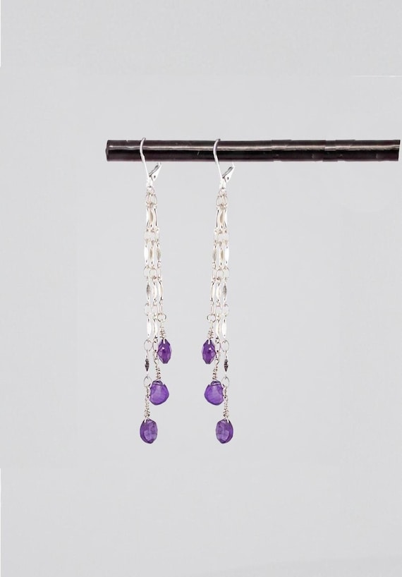 Amethyst Drop Earrings: Dangling Silver Chandelier Style, Light Purple Gemstone Jewelry for Everyday Wear