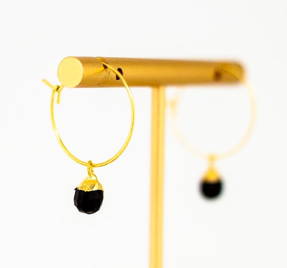 Dainty Gold Hoop Earrings: Boho Chic Black Onyx Jewelry, Stainless Steel Earrings