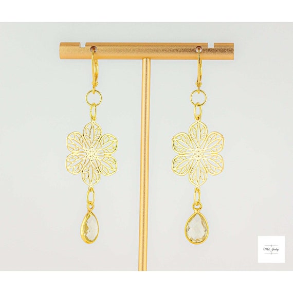 Gold Filigree Earrings: Boho Luxe Chandelier Style Yellow Quartz Gemstone Jewelry