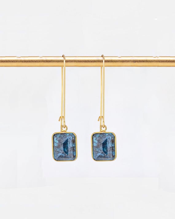 Long Boho Luxe Gold Dangle Earrings with Marbled Chrysocolla - Blue Gemstone Statement Jewelry