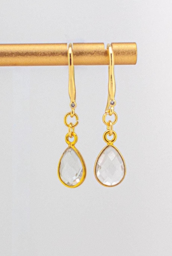 Clear Quartz Crystal Earrings: Dainty Gold Drop Earrings with CZ Stone Accents