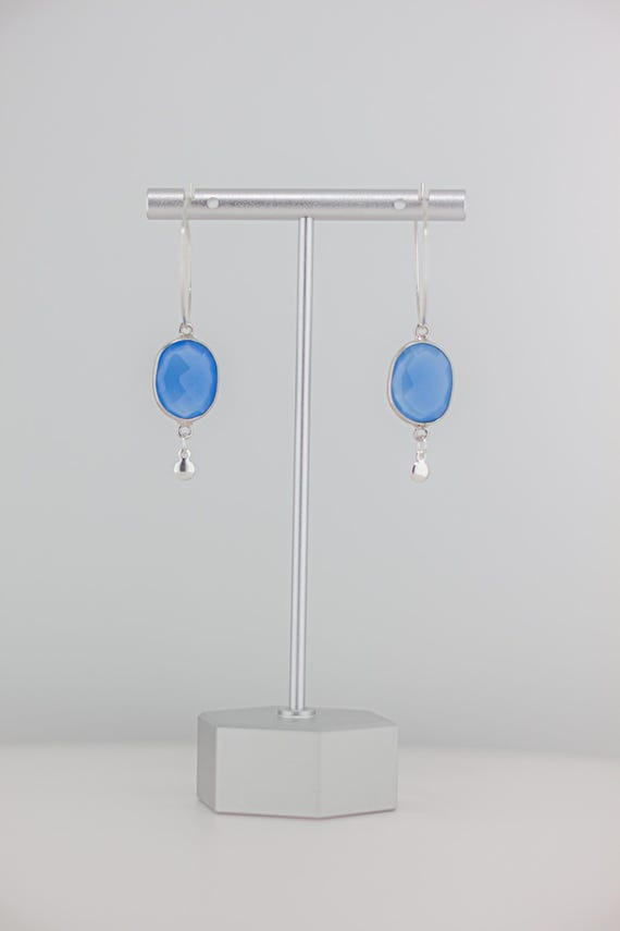 Aqua Blue Gemstone Earrings: Unique Dangling Sterling Silver Hoop Earrings