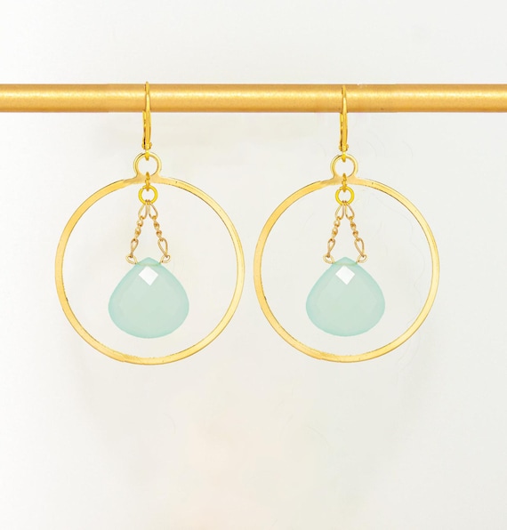 Aqua Chalcedony Gold Hoop Earrings: Boho Light Blue Gemstone Statement Jewelry
