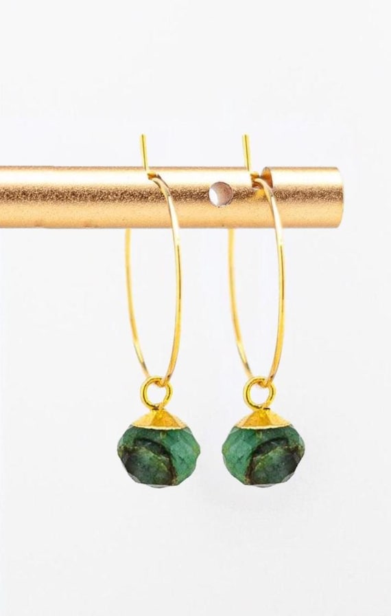 Dainty Gold Hoop Earrings: Boho Chic Style Green Emerald Jewelry