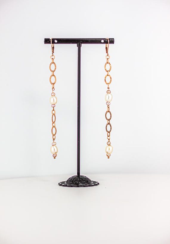Rose Gold Pearl Dangle Earrings: Long White, Lavender and Pink Boho Statement Earrings