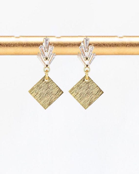 Cubic Zirconia & Brushed Brass Drop Earrings: Dainty Vintage Style Gold Jewelry