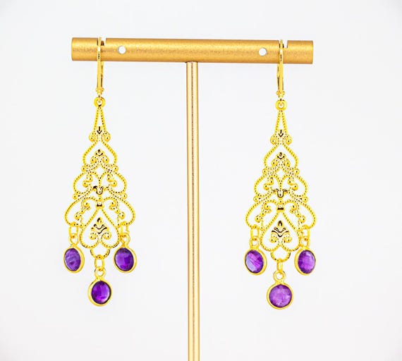 Gold Filigree Earrings: Boho Luxe Beaded Chandelier Style Amethyst Jewelry