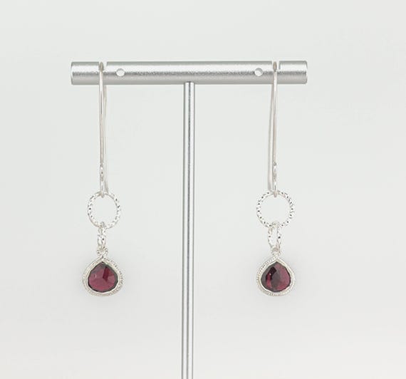 Garnet Dangle Earrings: Unique Boho Chic Silver Drops with Dark Red Gemstones