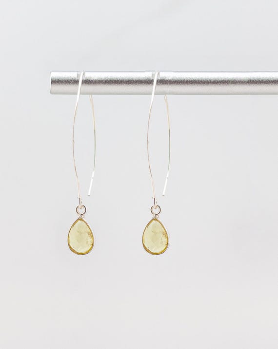 Lemon Quartz Drop Earrings: Dainty Silver Fishook Style, Long Minimalist Yellow Gemstone Earrings