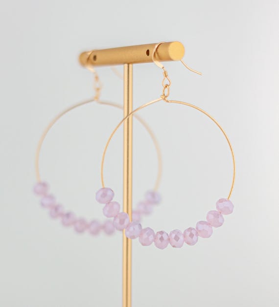 Lavender Glass Beaded Hoop Earrings: Gold-Filled Boho Statement Jewelry
