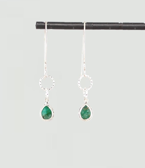Raw Emerald Dangle Earrings: Unique Boho Chic Silver Drops with Green Gemstones