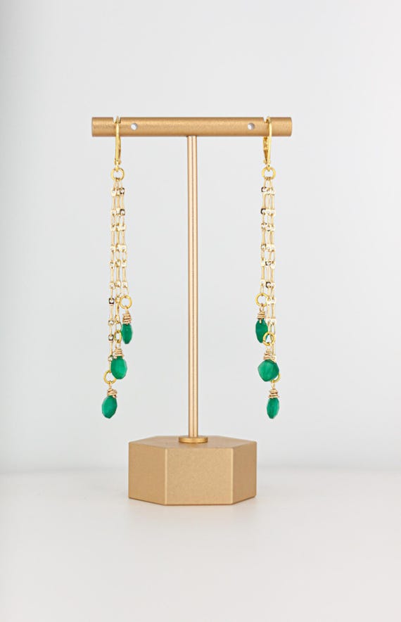 Green Onyx Drop Earrings: Long Chandelier Style Gold Chain Dangles for Everyday Wear