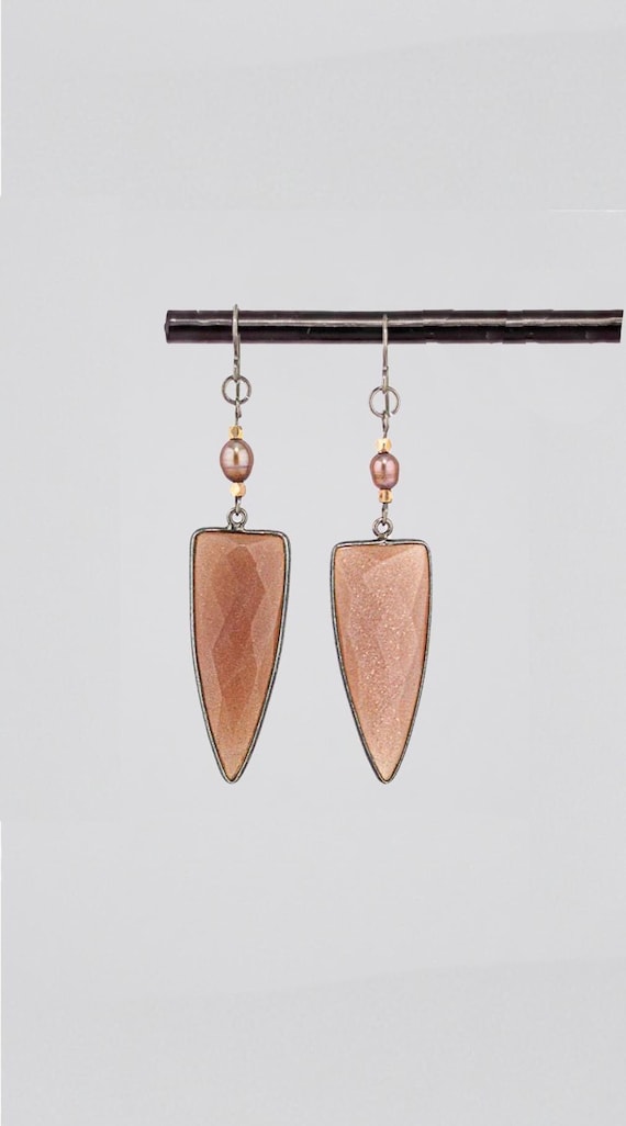 Peach Moonstone & Pearl Earrings: Bold Style Boho Luxe Statement Jewelry, Pink Gemstone Dangles