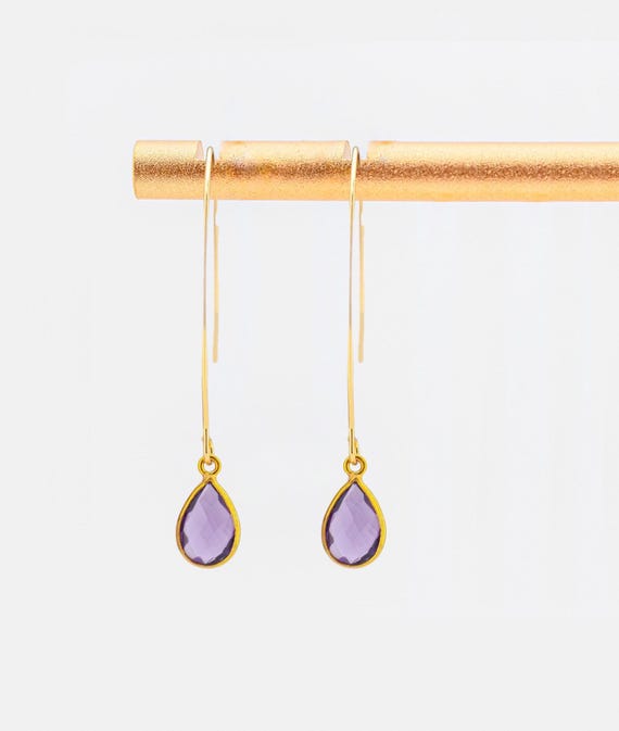 Dainty Amethyst Earrings: Dark Royal Purple Gemstone Jewelry, Minimalist Fishhook Style, Long Gold Drop Earrings