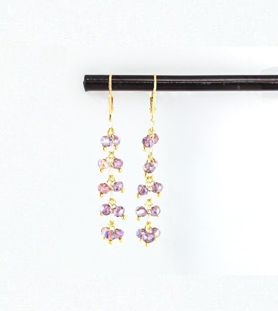 Dainty Purple Drop Earrings: Boho Chic Gold Dangles with Beaded Accents