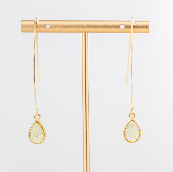 Lemon Quartz Drop Earrings: Minimalist Fishhook Style, Long Dainty Light Yellow and Gold Jewelry