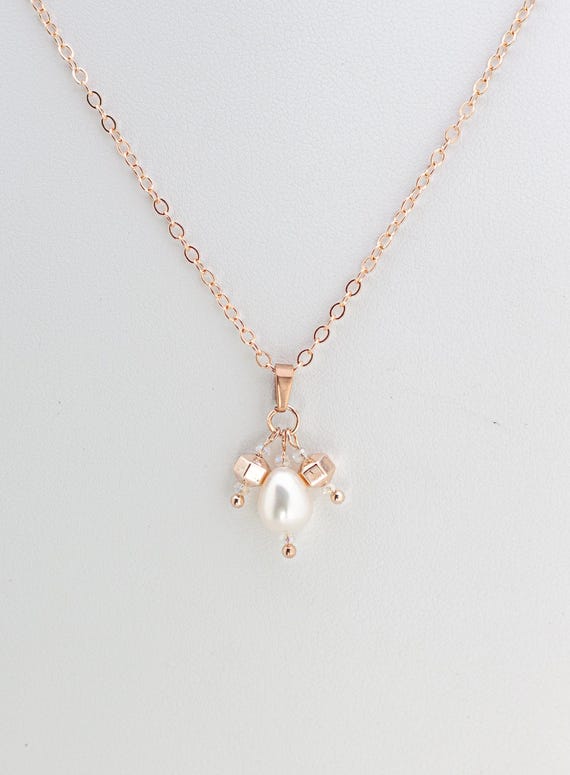 Dainty Rose Gold Pearl Bridal Necklace, Boho Wedding Jewelry for Vintage Style Rustic Meadow Bride, Bridesmaid Jewelry