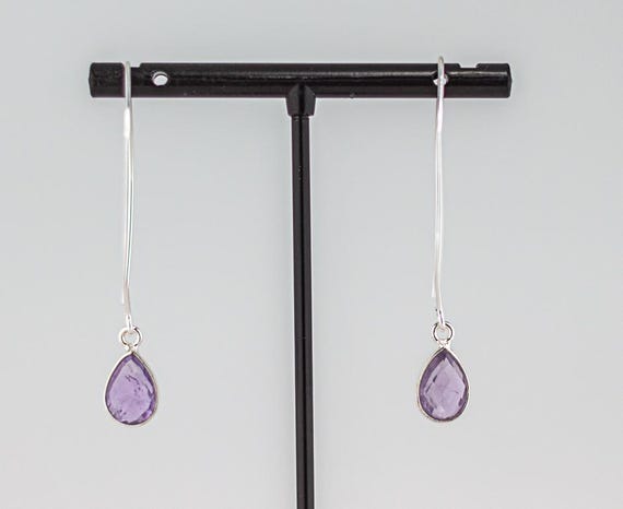 Silver Amethyst Earrings: Minimalist Fishhook Style Silver Drops, Long Dainty Light Purple Dangles