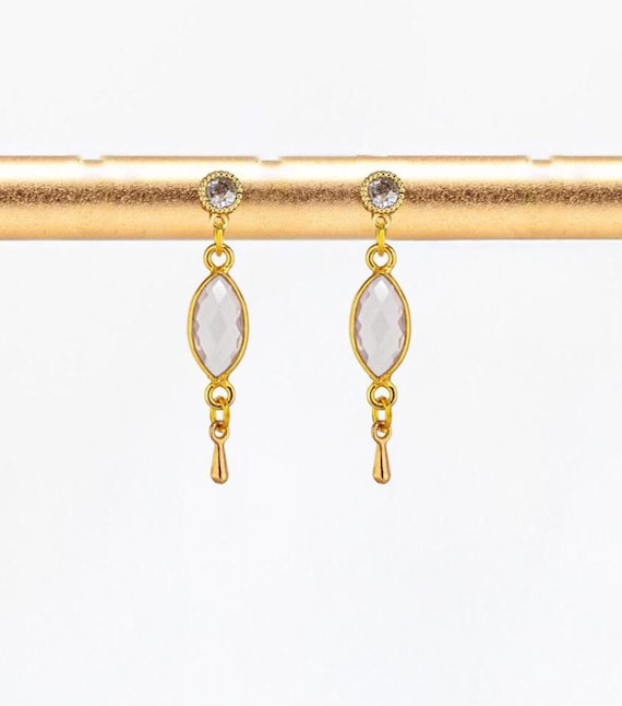 Dainty Pale Pink Rose Quartz Earrings: Gold Vintage Style Wedding Jewelry