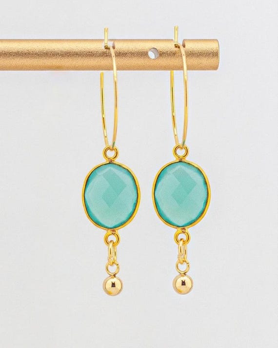 Aqua Teal Green Gemstone Earrings: Unique Dangling Gold Stainless Steel Hoops for Everyday Outfits