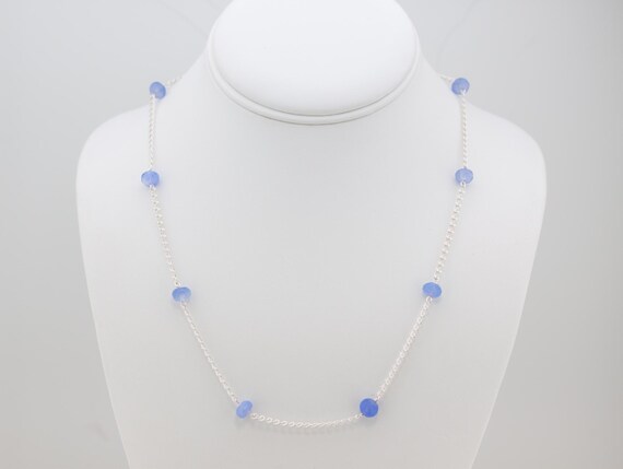 Blue Chalcedony Beaded Gemstone Necklace, Silver Chain Layering Necklace, Natural Stone Jewelry