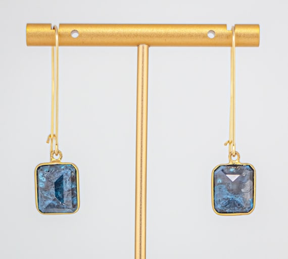 Long Boho Luxe Gold Dangle Earrings with Marbled Chrysocolla - Blue Gemstone Statement Jewelry