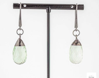 Elegant Black Gold-Leafed Prasiolite Drop Earrings: Boho Chic Seafoam Green Prasiolite Earrings, Luxurious Prasiolite Dangle Earrings