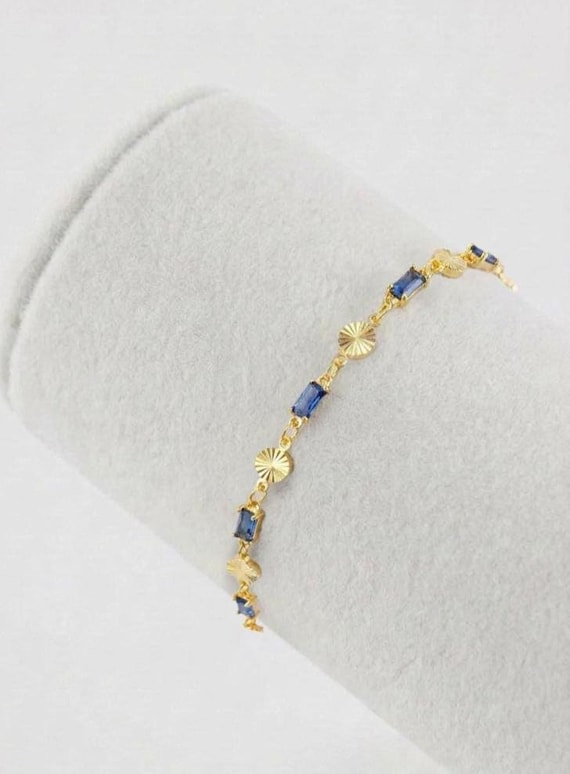 Dainty Gold Bracelet: Cobalt Blue Glass, Vintage-Inspired Geometric Links