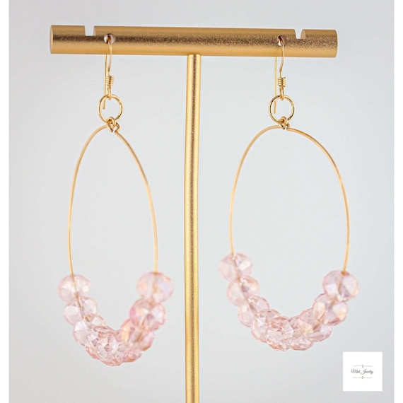 Rose Pink Beaded Gold Hoop Earrings: Boho Chic Statement Jewelry