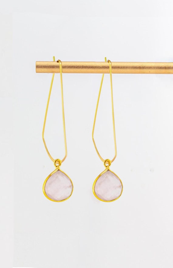 Pale Pink Rose Quartz Hoop Earrings: Geometric Gold Statement Jewelry