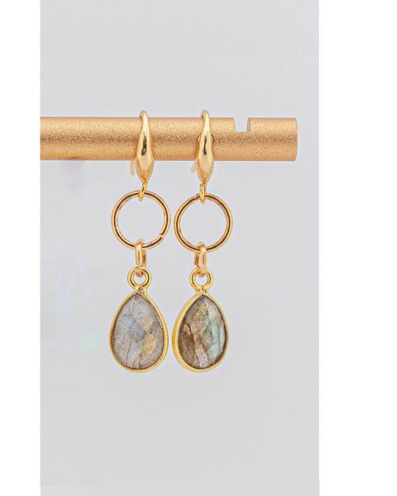 Dainty Labradorite Drop Earrings: Boho Chic Style Gemstone Jewelry for Everyday Casual Outfits