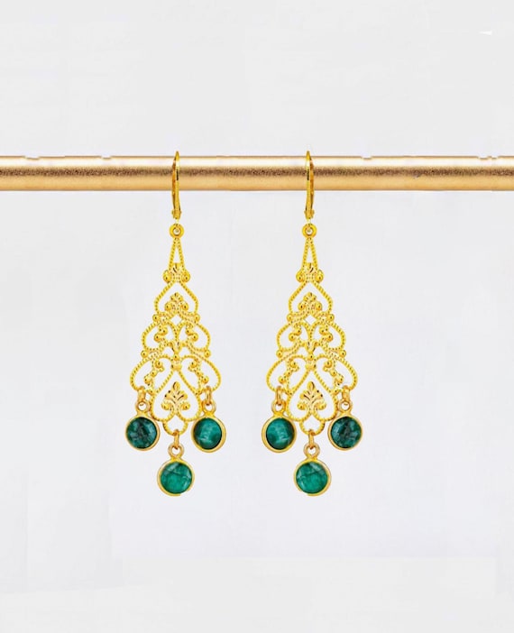 Gold Filigree Earrings: Boho Luxe Beaded Chandelier Style Green Quartz Gemstone Jewelry