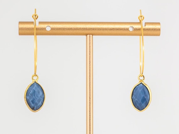 Dainty Gold Hoop Earrings: Minimalist Boho Chic Style Dusty Blue Peruvian Opal Jewelry