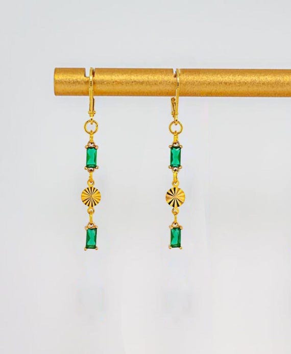 Dainty Gold Drop Earrings: Dainty Vintage Style Kelly Emerald Green GlassJewelry for Everyday Accessories