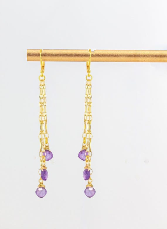 Long Dangling Amethyst Earrings: Boho Chic  Chandelier Style Gold Chain Gemstone Drops