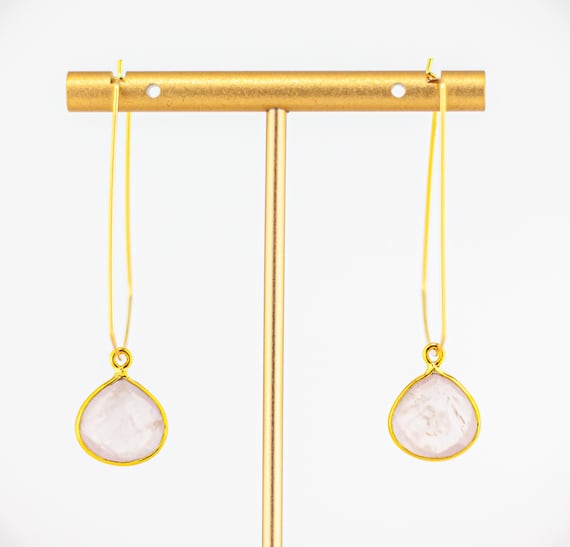 Pale Pink Rose Quartz Hoop Earrings: Geometric Gold Statement Jewelry