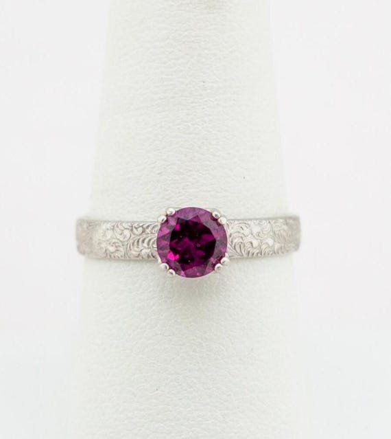 Rhodolite Garnet Ring, Burgundy Gemstone Sterling Silver Ring, Vintage Style Floral Stacking Ring Gift for Her, January Birthstone