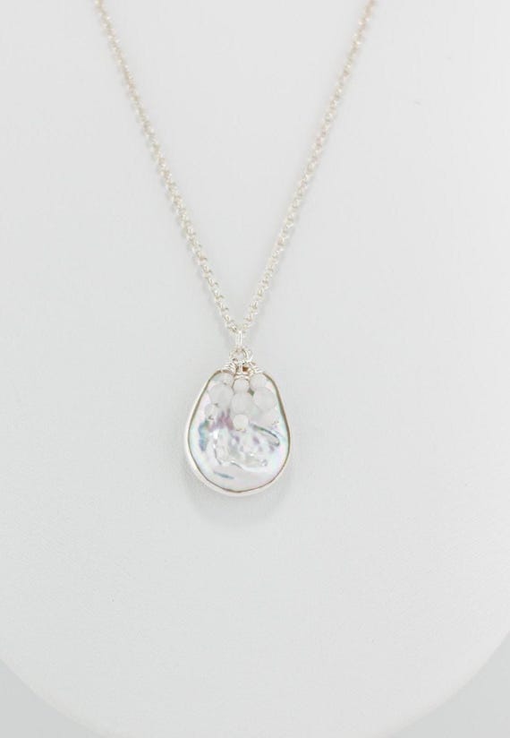 Baroque Pearl Moonstone Necklace: Beaded Boho Jewelry, Dainty Silver Chain with White Gemstone Pendant