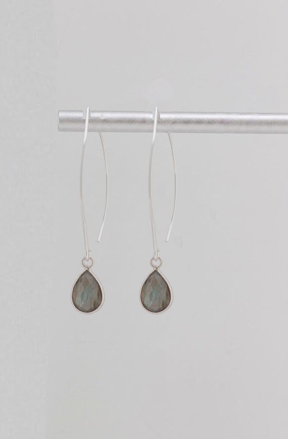 Labradorite Drop Earrings: Minimalist Silver Fishhook Style, Dainty Everyday Gemstone Jewelry