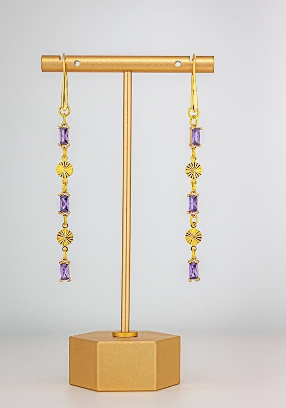 Purple Glass & Gold Art Deco Earrings: Long Rectangle Dangle
