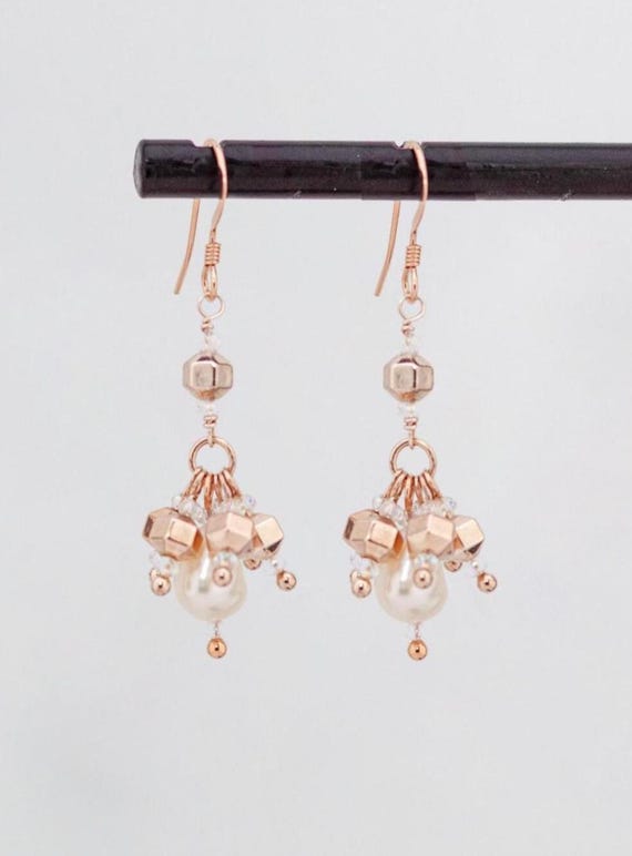 Dainty Rose Gold Pearl Bridal Earrings, Boho Wedding Jewelry, Petit Pearl Bohemian & Vintage Style Bride or Bridesmaid