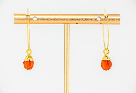 Dainty Carnelian Earrings: Boho Chic Small Stainless Steel Gold Hoops, Elegant Orange Gemstone Jewelry