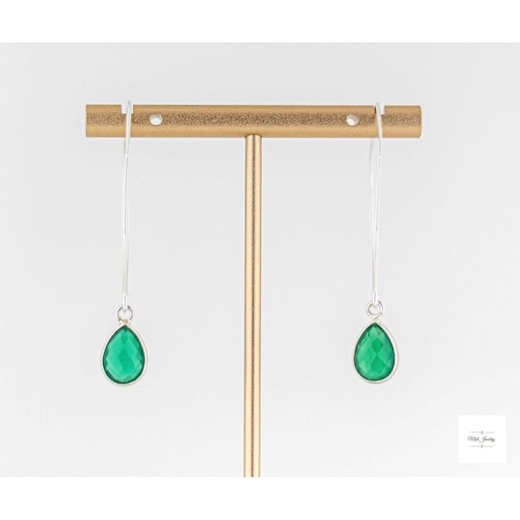 Green Onyx Earrings: Dainty Silver Fishook Style, Long Minimalist Gemstone Earrings