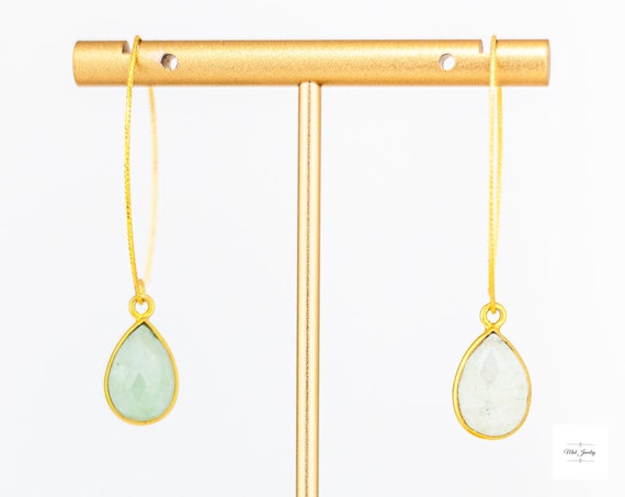 Aquamarine Drop Earrings: Minimalist Gold fishhook Style, Light Green Gemstone Jewelry