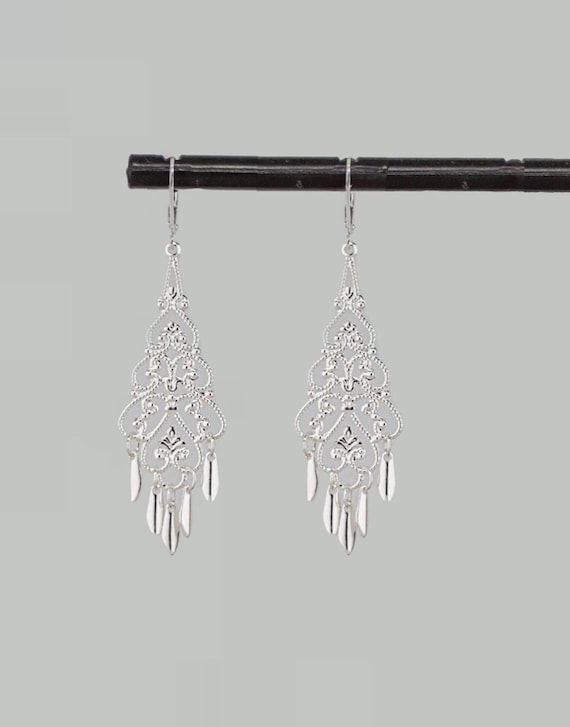 Silver Filigree Earrings: Chandelier Style Boho Chic Dangles, Fan Shaped Drops