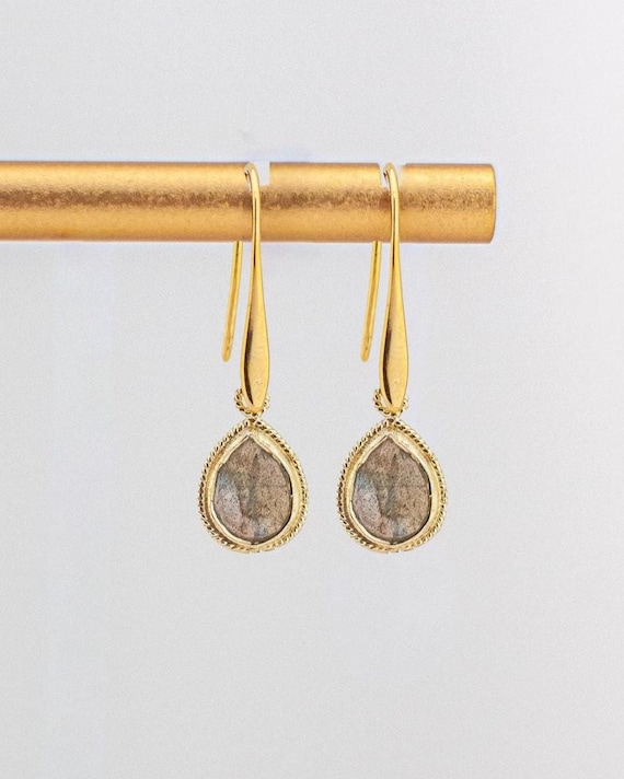 Dainty Labradorite Drop Earrings: Boho Chic Style Gemstone Jewelry, Gold Jewelry for Everyday Outfits