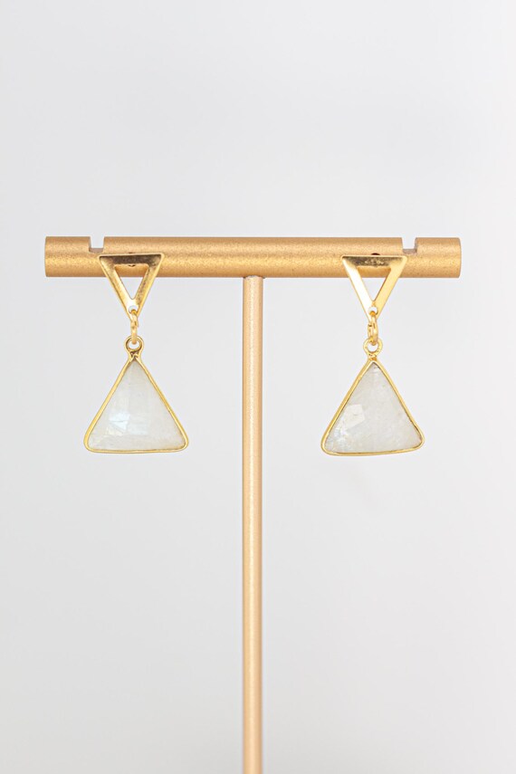 Rainbow Moonstone Earrings: Boho Chic Gemstone Drops with Geometric Gold Accents, Everyday Moonstone Jewelry