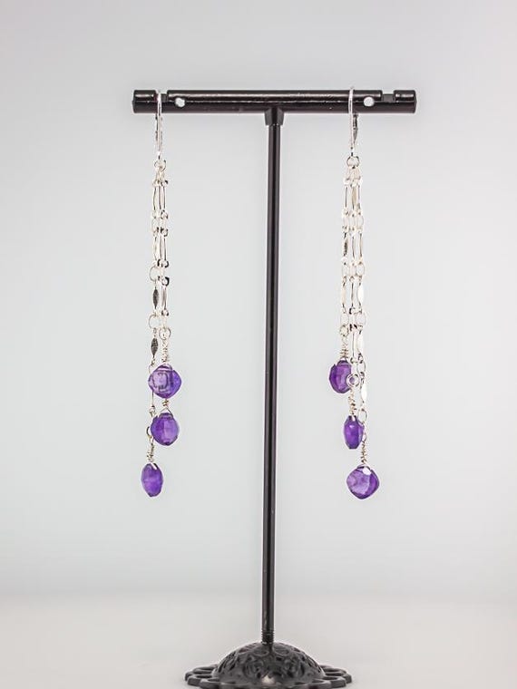 Amethyst Drop Earrings: Dangling Silver Chandelier Style, Light Purple Gemstone Jewelry for Everyday Wear