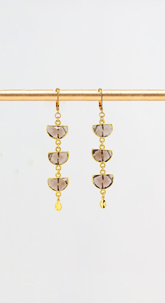 Smokey Quartz Crystal Dangle Earrings: Long Boho Luxe Brown and Gold Statement Jewelry